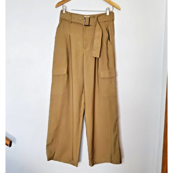 Women's Size M Wide Leg Cargo Pants Tan Forever 21 Detachable Belt High Rise - Picture 2 of 10